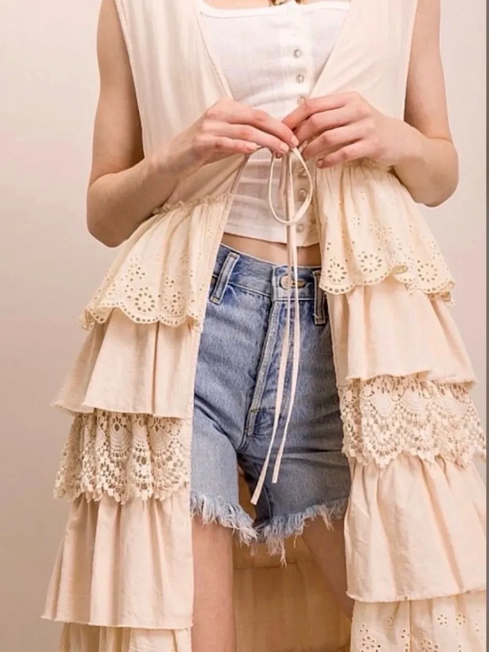 Boho Tiered Lace Vest Duster — Cream